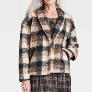 Knox Rose Faux Curly Fur Plaid Sweater jacket w pockets Sz XS